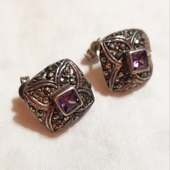 VTG Amethyst Marcasite Sterling Silver Domed Square Earrings - Picture 6 of 7